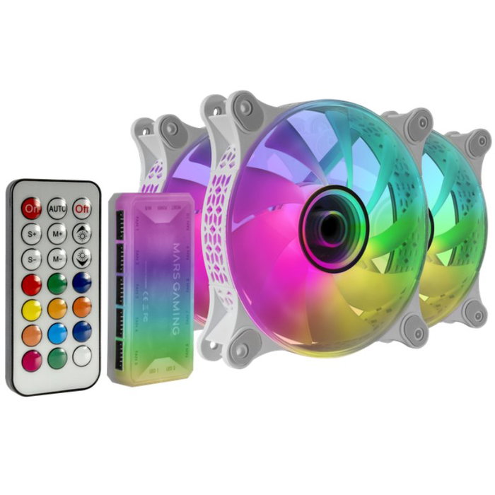 Mars Gaming Kit de 3 Ventiladores MF-3D ARGB Blanco con Espejo Infinito, HUB y Mando RF Mars Gaming Kit de 3 Ventiladores MF-3D ARGB Blanco con Espejo Infinito, HUB y Mando RF